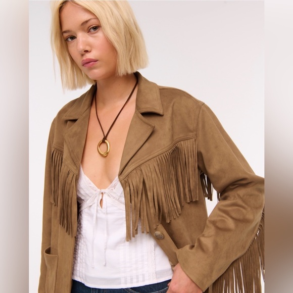 Abercrombie Vegan Suede Fringe Jacket Western Boho Size Small NWT - Picture 2 of 5